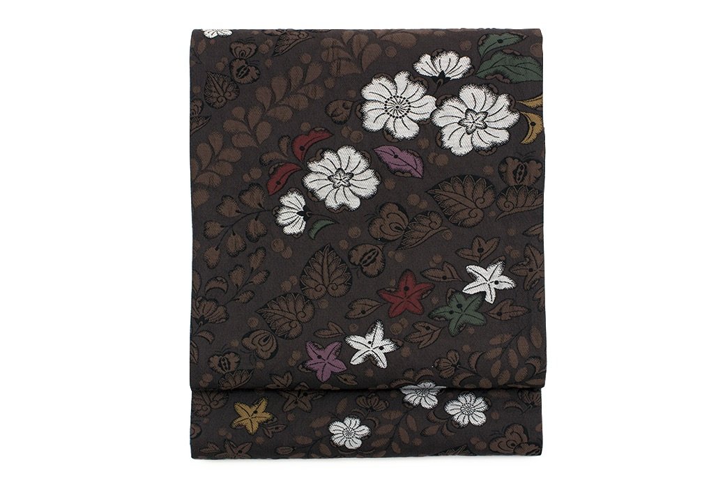 【未仕立て】袋帯 濃灰色 ダークグレー 雪輪 鉄線花 葵 辻ヶ花 ふくれ織 弥栄織物謹製 正絹 日本の絹 京都西陣織 279 六通柄 カジュアルフォーマル 日本製 未仕立て】袋帯 濃灰色 ダークグレー 雪輪 鉄線花 葵 辻ヶ花 ふくれ織